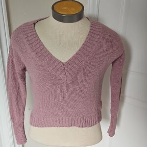Pink V-Neck Sweater with Long Sleeves